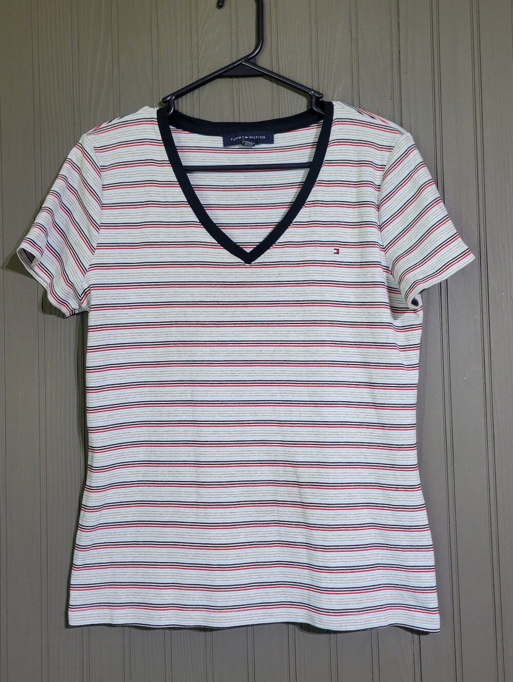 Tommy Hilfiger Short Sleeve T-Shirt V-Neck Striped Gray Blue Red Women's XL